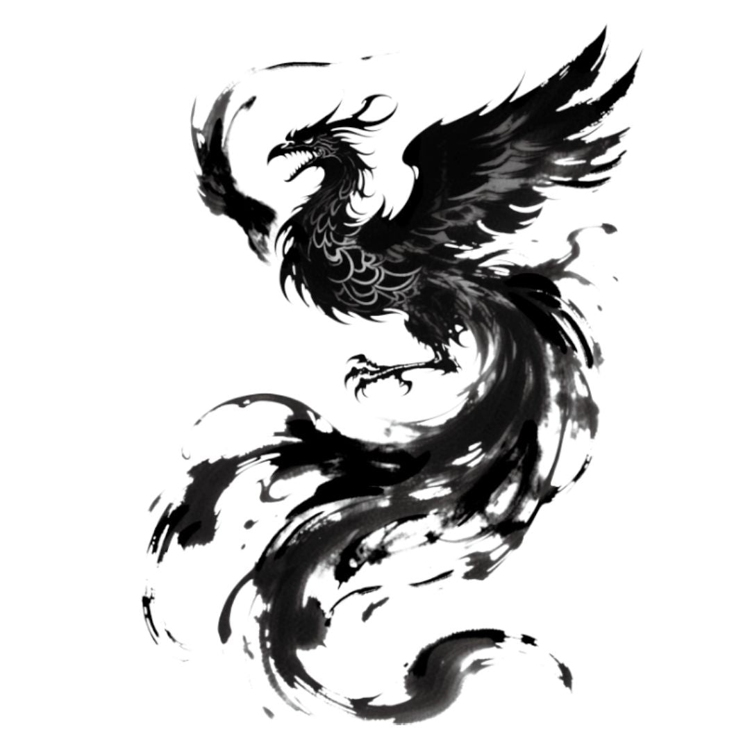 Ink wash phoenix temporary tattoo with bold brushstroke swirling tail, black Japanese-style illustration on white background.