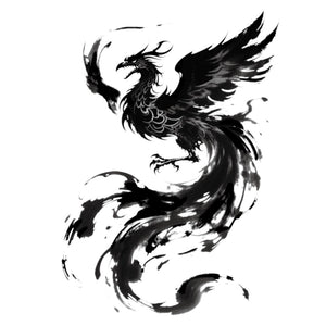 Ink wash phoenix temporary tattoo with bold brushstroke swirling tail, black Japanese-style illustration on white background.
