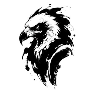 Bold blackwork bald eagle head temporary tattoo with ink splatter brushstrokes, high contrast black and white on white background.
