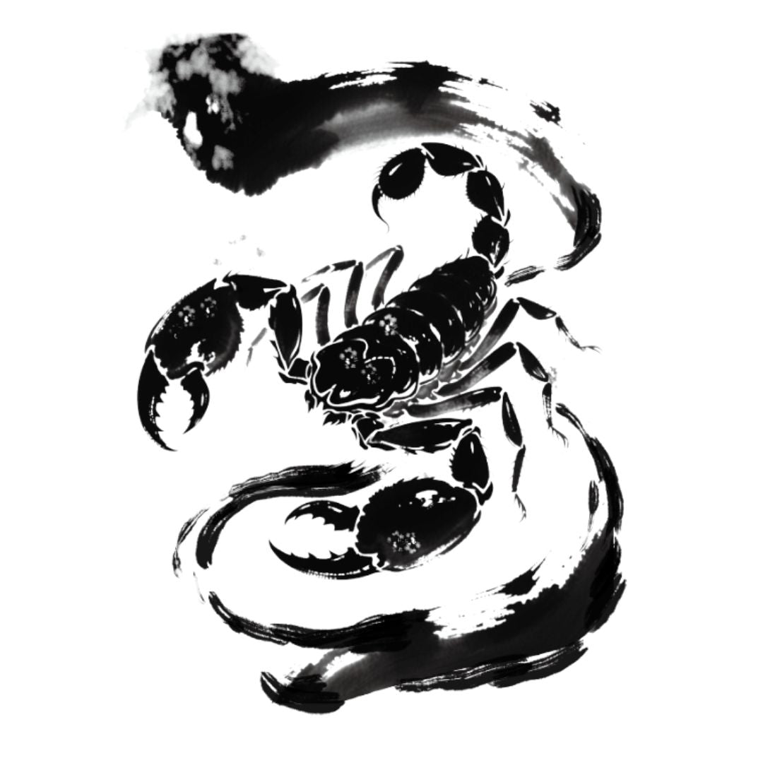 Bold ink wash scorpion temporary tattoo with sumi-e brushstroke style, solid black on white background, tail raised.