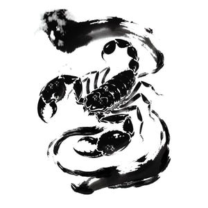 Bold ink wash scorpion temporary tattoo with sumi-e brushstroke style, solid black on white background, tail raised.