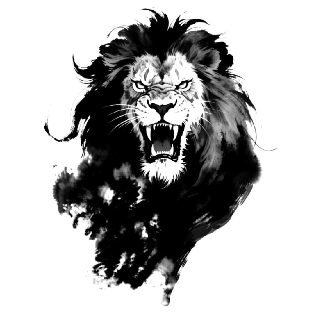 Roaring lion charging temporary tattoo in black watercolor ink wash style, bold detail on face and mane on white background.