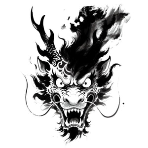 Japanese ink-wash dragon head temporary tattoo with open jaw, antler horns and swirling black cloud, on white background.