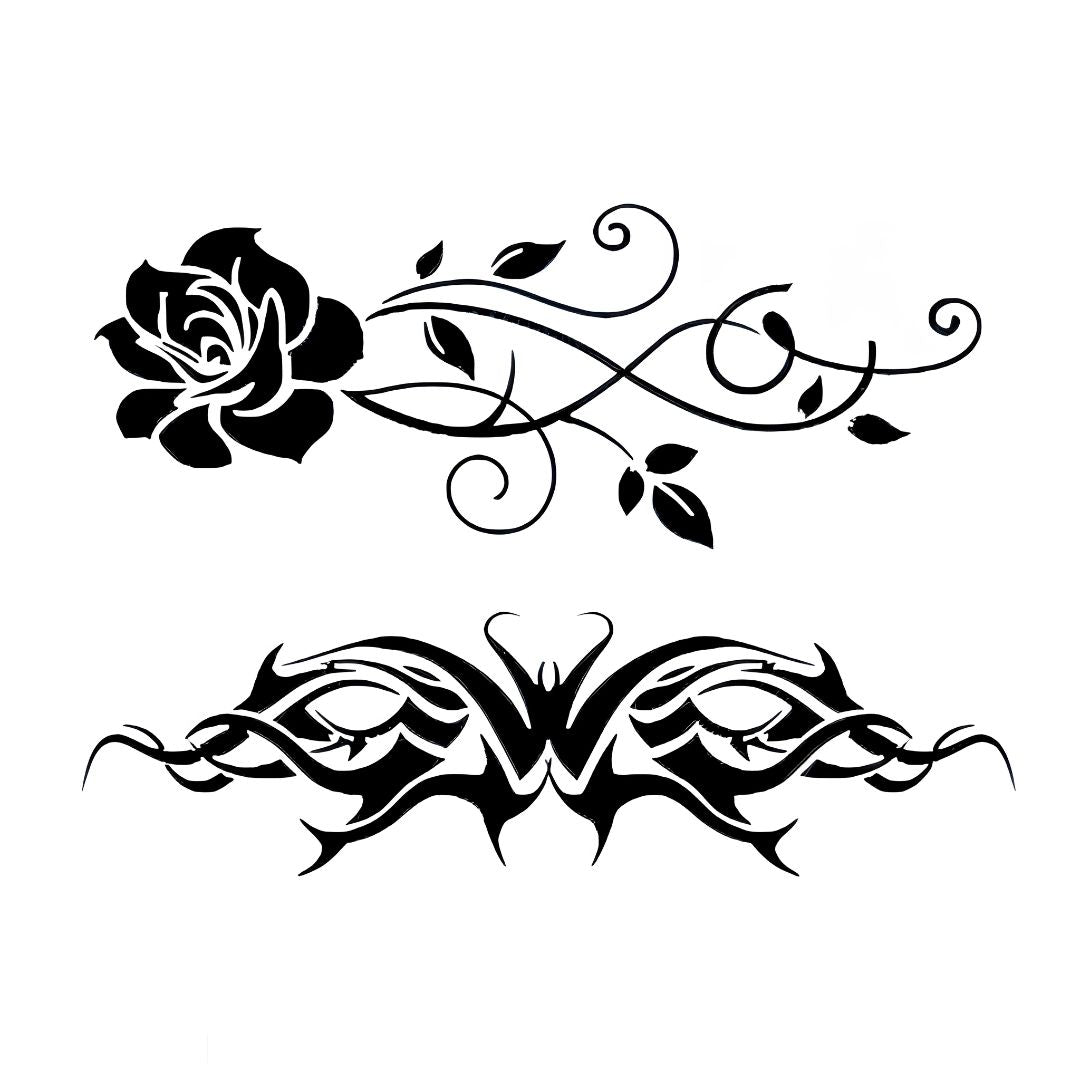 Tribal blackwork flame and rose vine temporary tattoo set on white background, bold spikes and curling stem with bloom.