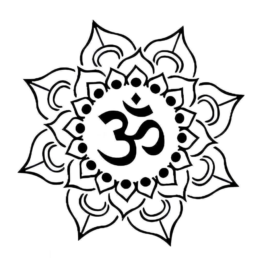 Om symbol mandala temporary tattoo with lotus petals and dot details, bold black linework on white background.