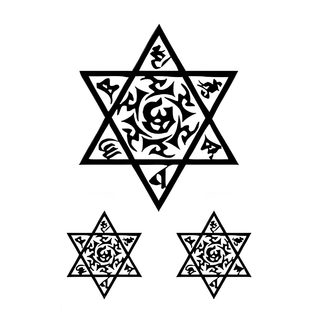Mystic Star of David temporary tattoo set with tribal script fill and swirl center, one large and two small stars, blackwork on white background.