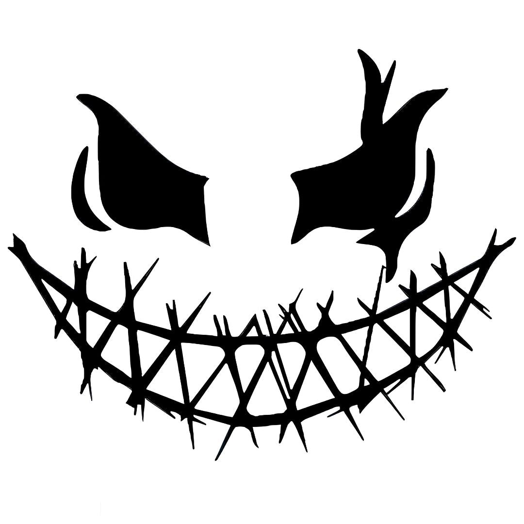 Evil pumpkin face temporary tattoo with jagged stitched grin and sharp angular eyes, solid black on white background.