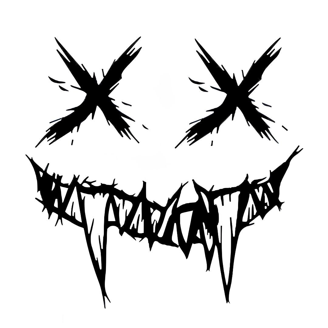 Evil joker face temporary tattoo with jagged X eyes and serrated grin, bold blackwork sketch style on white background.