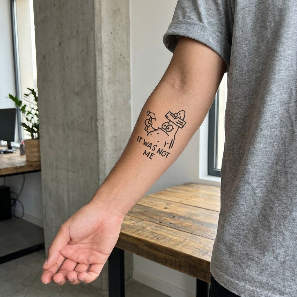 Funny cartoon creature holding a hammer with a plank on its head, "It Was Not Me" lettering, sketch style temporary tattoo on white background.