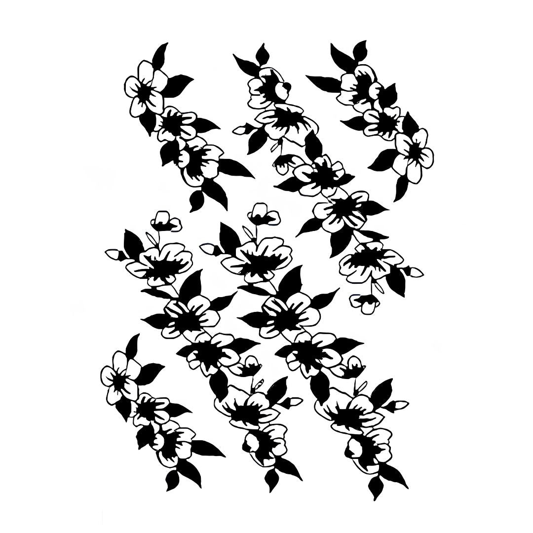 Scattered blossom cluster temporary tattoo with open petals and black leaves, blackwork style on white background.