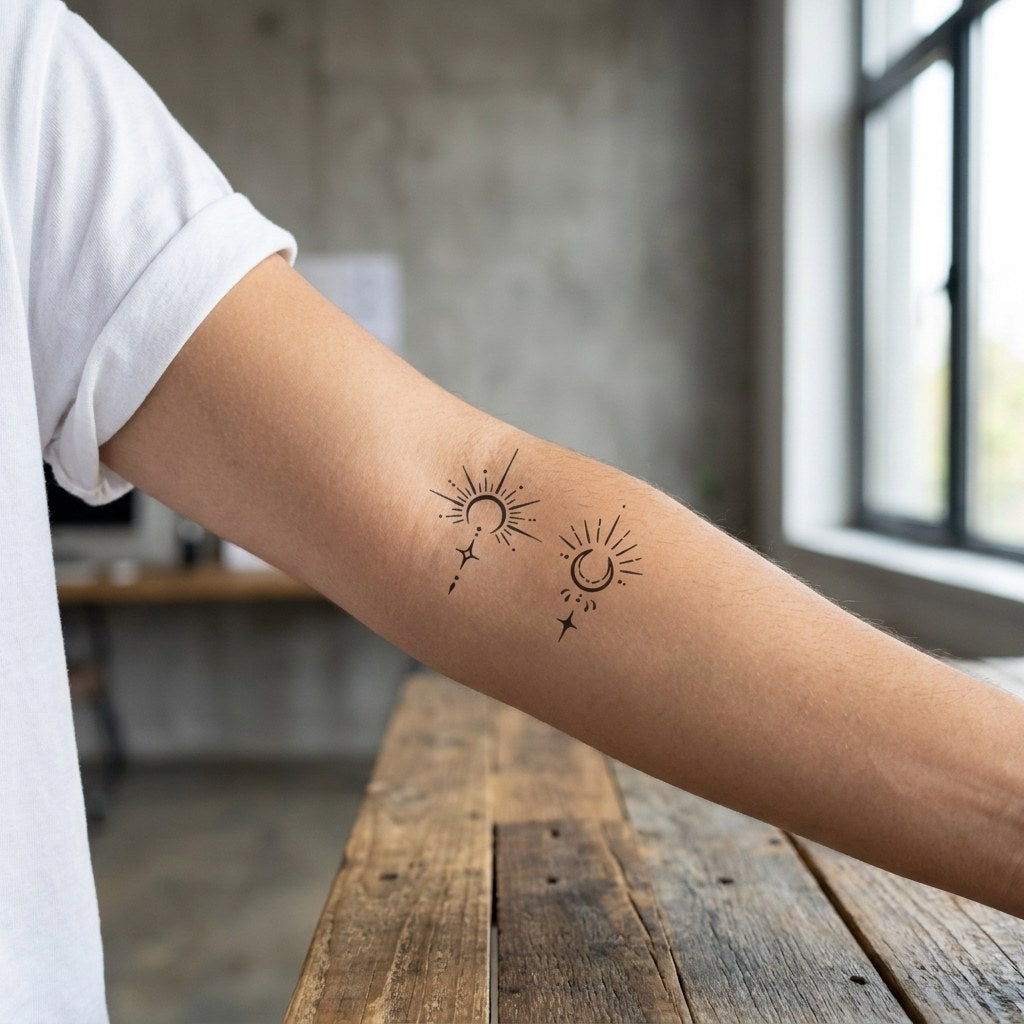 Sun and crescent moon celestial duo temporary tattoo with starburst rays and four-pointed stars, fine linework on white background.