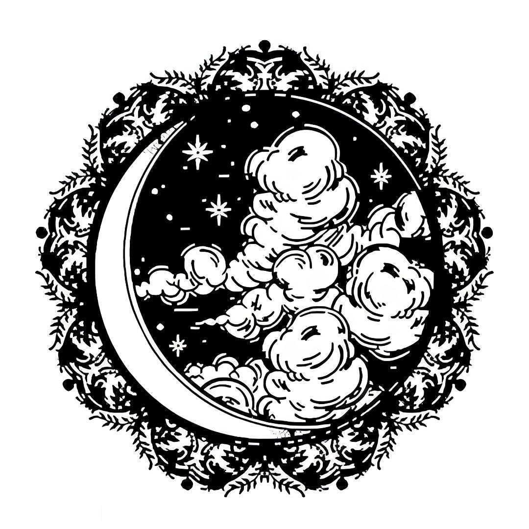 Crescent moon and clouds temporary tattoo in a floral circle frame, black illustrative style with stars on white background.