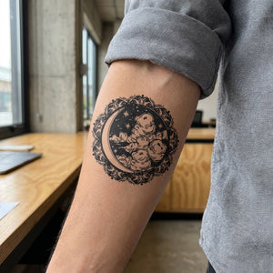 Crescent moon and clouds temporary tattoo in a floral circle frame, black illustrative style with stars on white background.