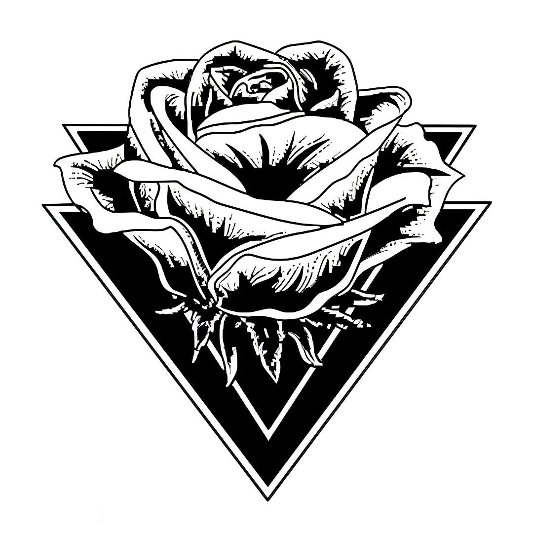 Geometric rose and inverted triangle temporary tattoo, bold blackwork illustrative style with detailed petals on white background.