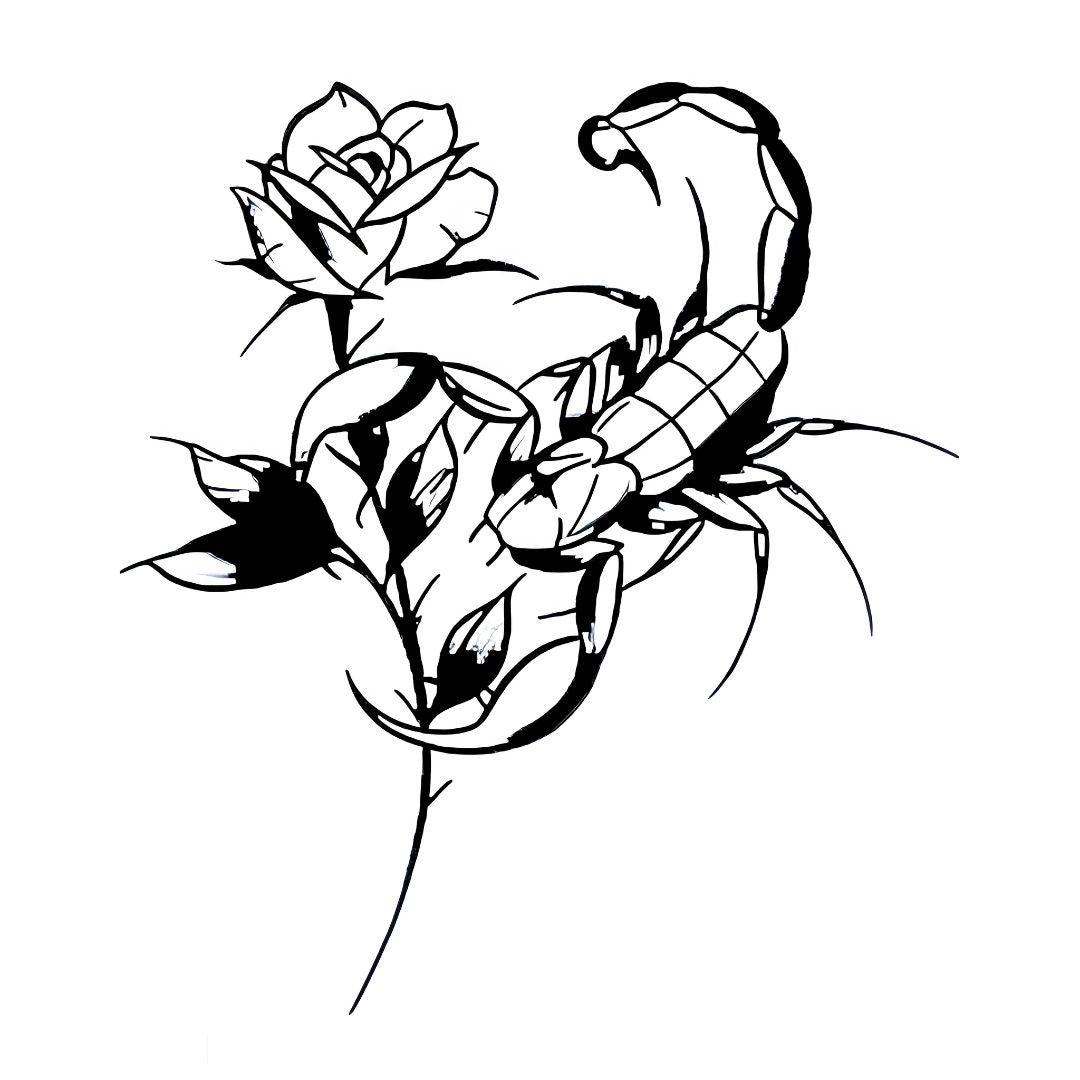 Scorpion and rose illustrative temporary tattoo, bold linework with solid black fills on white background.