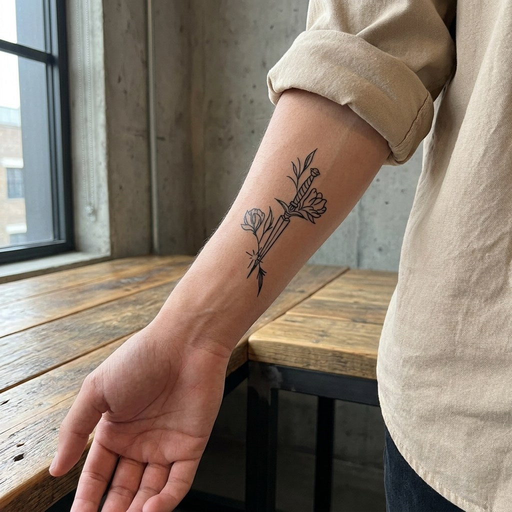 Linework floral dagger temporary tattoo with carnation and rose bud on white background, single-weight black lines.