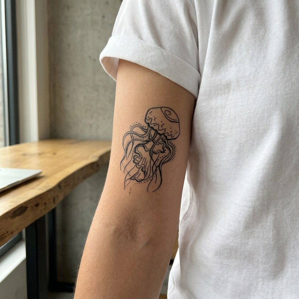 Linework jellyfish temporary tattoo with flowing tentacles and dot clusters on white background, open line style.