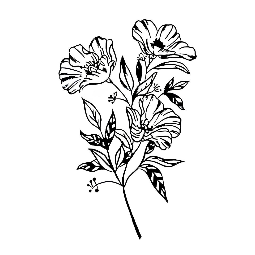 Wild poppy bouquet temporary tattoo, three open blooms on a branching stem in loose linework on white background.