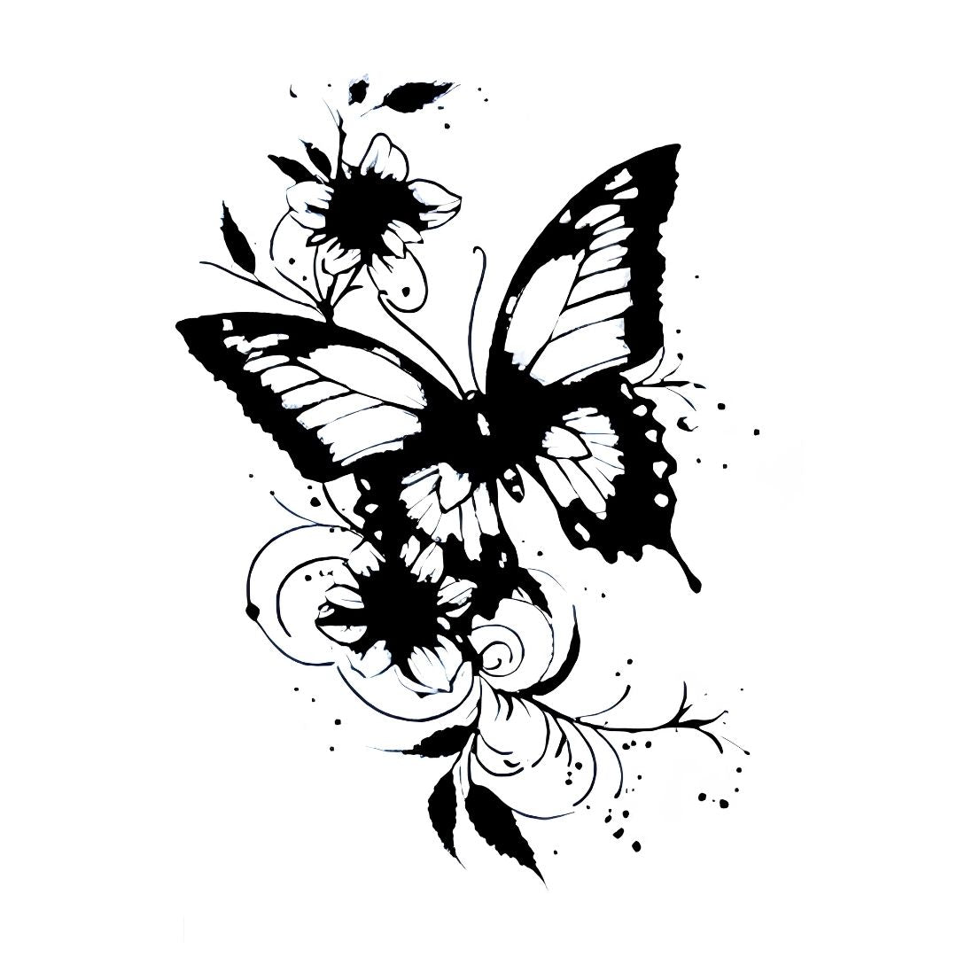 Bold blackwork butterfly with floral and vine motifs, ink splatter details, temporary tattoo on white background.