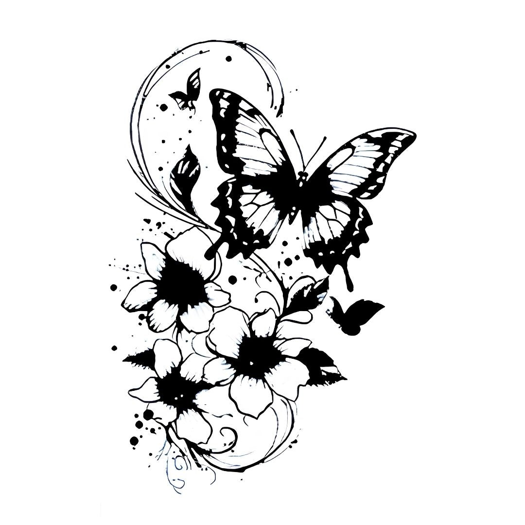 Bold blackwork swallowtail butterfly and floral swirl temporary tattoo on white background, with ink splash details.