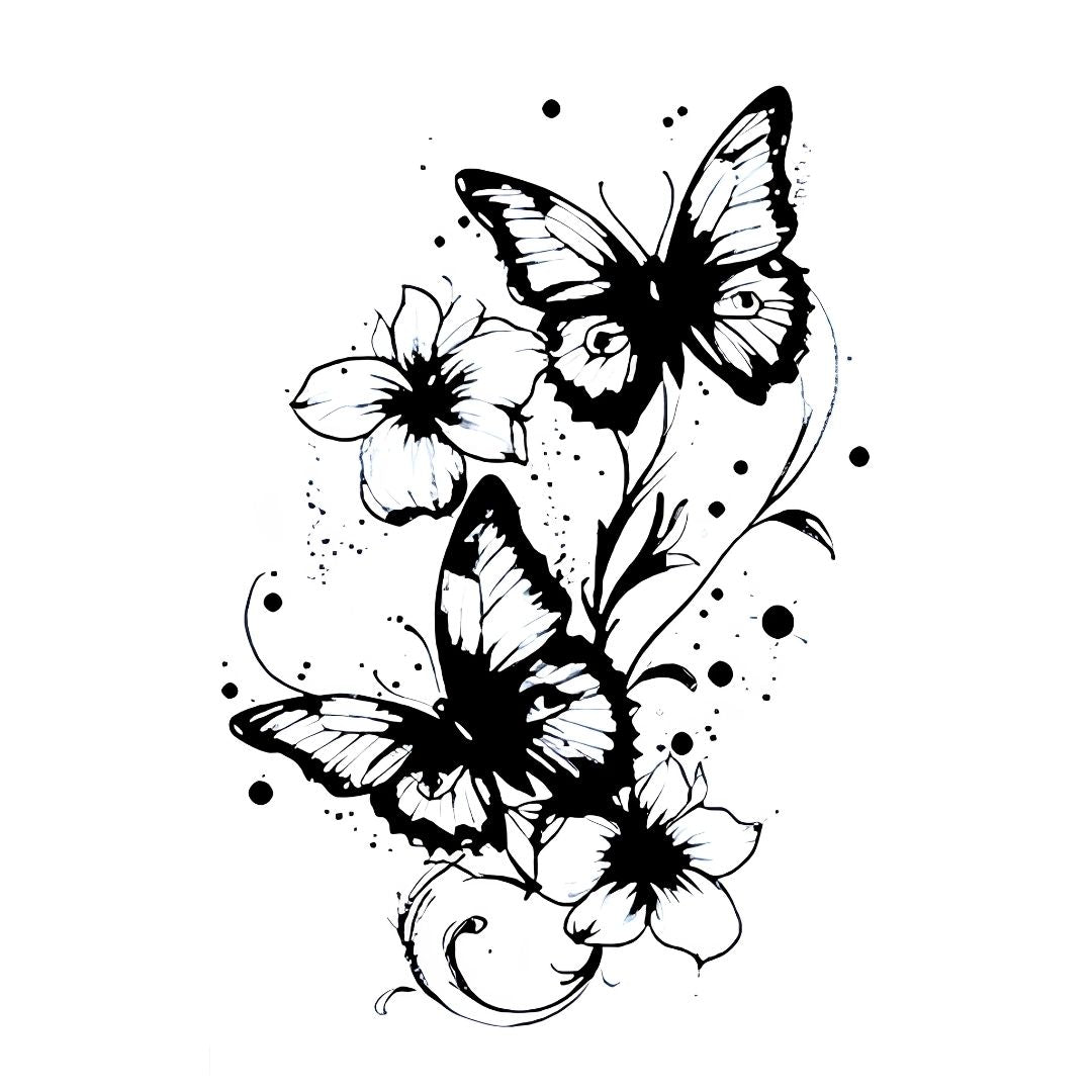 Two butterflies with floral vine and hibiscus blooms temporary tattoo, illustrative blackwork on white background.