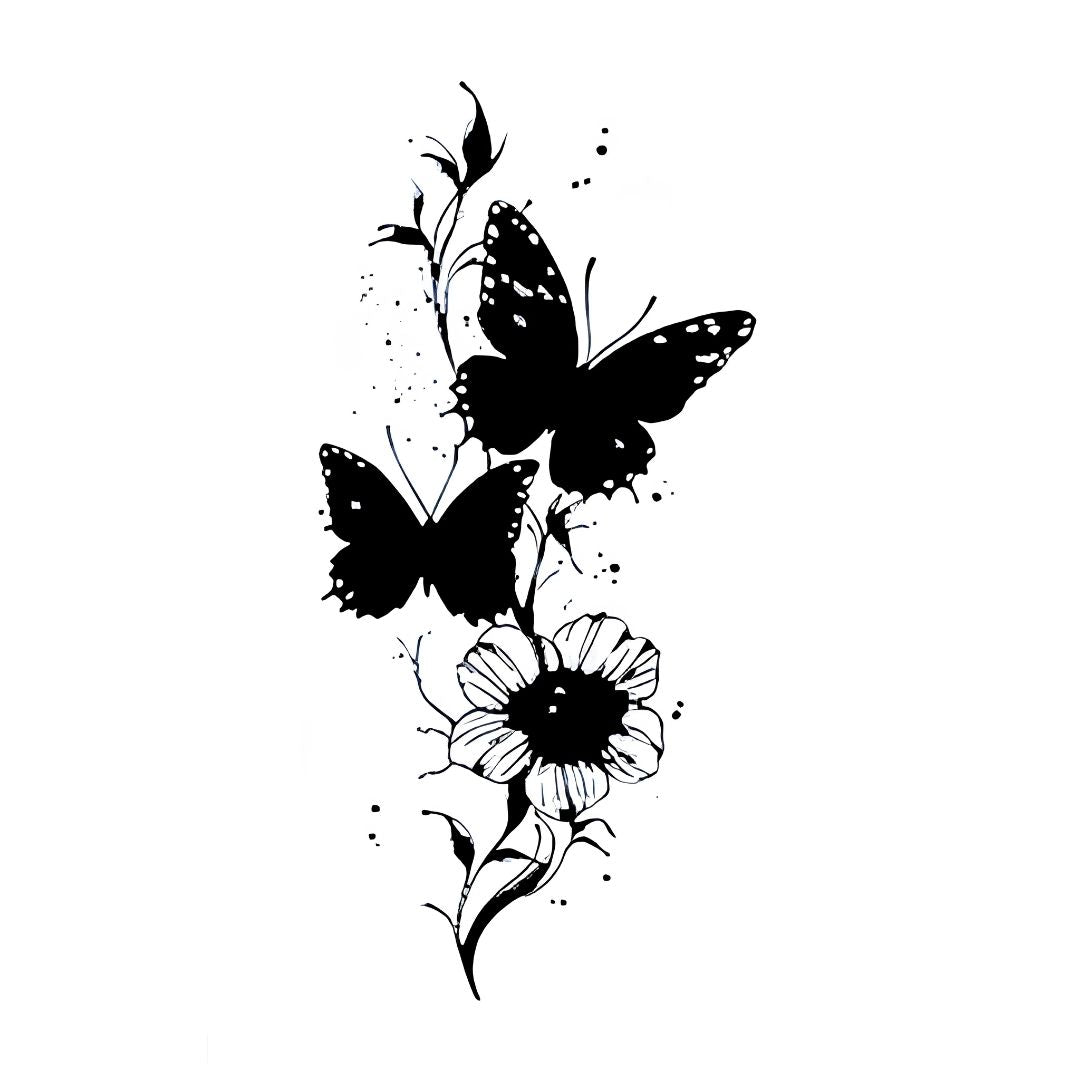 Two solid black butterflies on a floral vine temporary tattoo with daisy and ink dot scatter, illustrative style on white background.