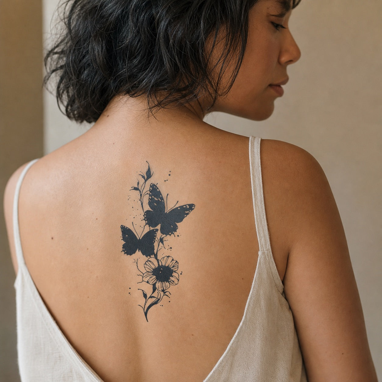 Two solid black butterflies on a floral vine temporary tattoo with daisy and ink dot scatter, illustrative style on white background.