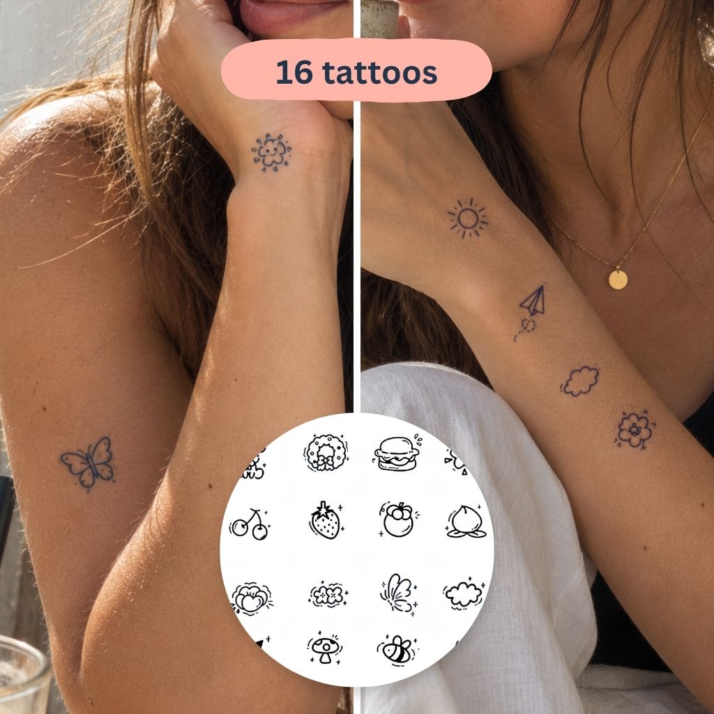 Foglio di tatuaggi doodle kawaii — 16 disegni | Temporalis