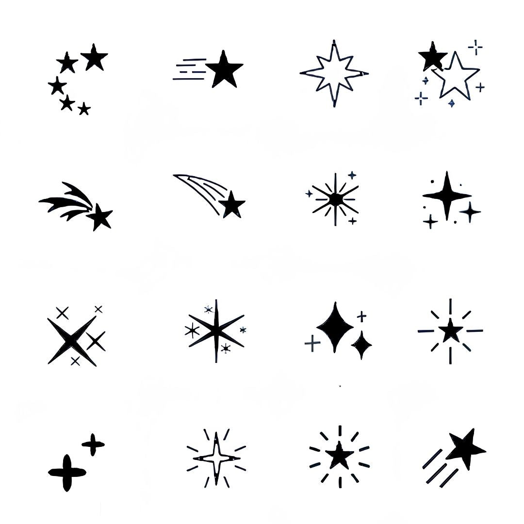 Set of 16 minimalist star and sparkle temporary tattoos — shooting stars, starbursts, four-point and five-point stars, black linework on white background.