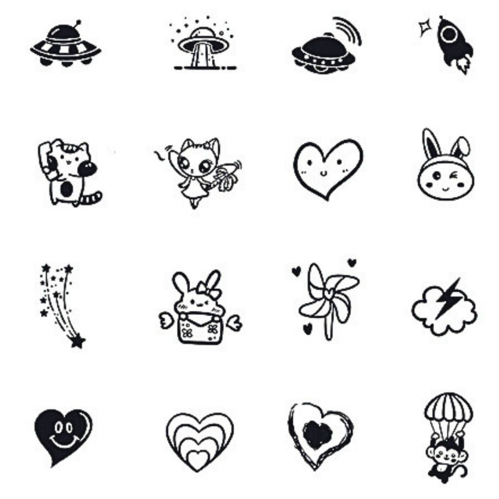 Sheet of 20 cute mini temporary tattoos including UFOs, cats, bunnies, hearts, rocket and cloud on white background.