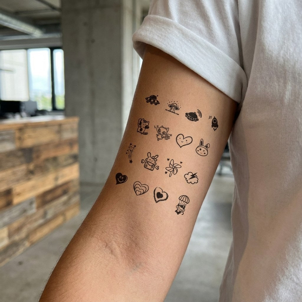 Sheet of 20 cute mini temporary tattoos including UFOs, cats, bunnies, hearts, rocket and cloud on white background.