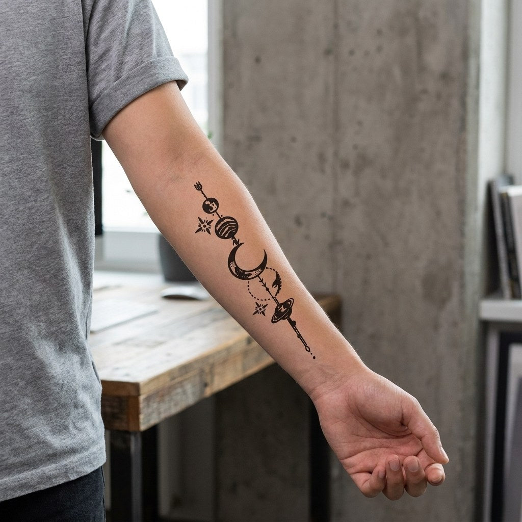 Two vertical solar system column temporary tattoos with planets, crescent moon, and Saturn rings in linework and dotwork on white background.