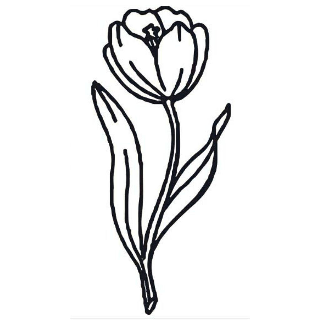 Linework tulip temporary tattoo with stem and two leaves on white background, hand-drawn single-weight outline style.