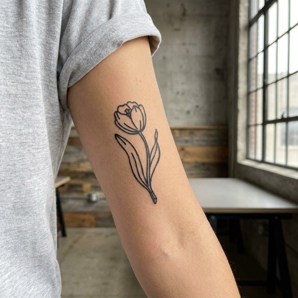 Linework tulip temporary tattoo with stem and two leaves on white background, hand-drawn single-weight outline style.