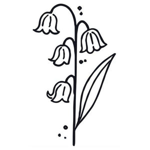 Lily of the valley linework temporary tattoo with three bell flowers on a single stem and leaf on white background.