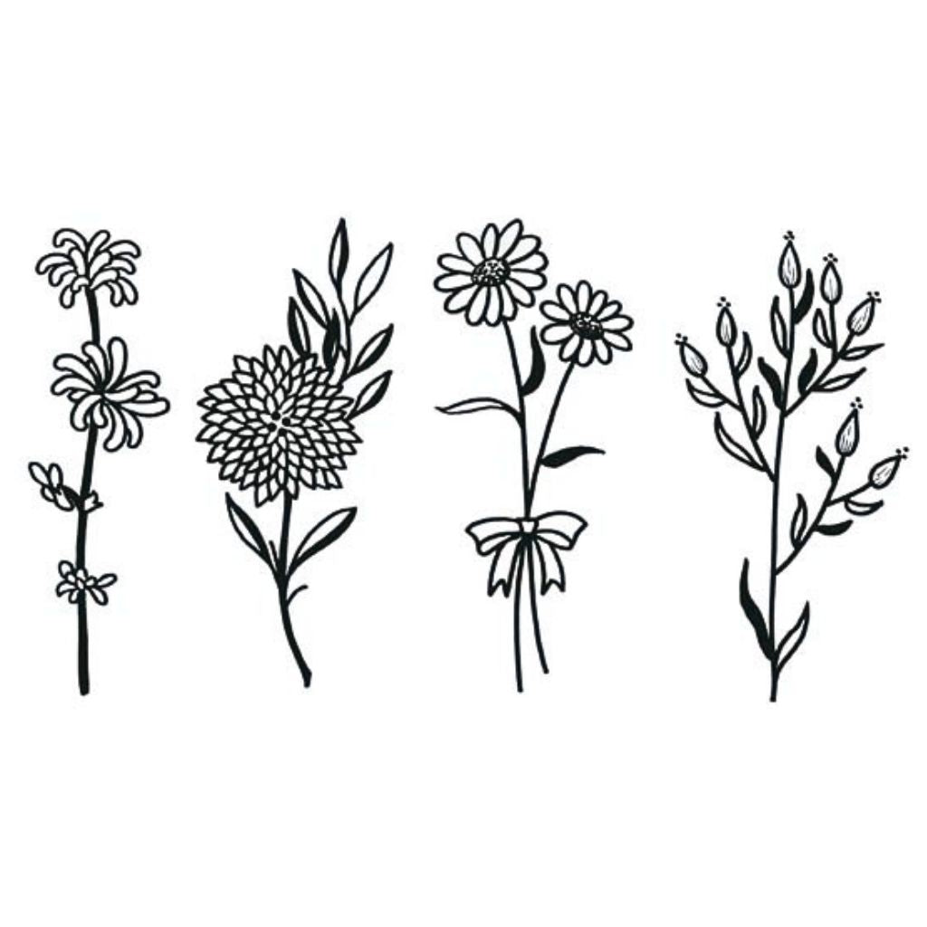 Fineline botanical flower branch set temporary tattoo — four sprigs including daisy, chrysanthemum and wildflower stems on white background.