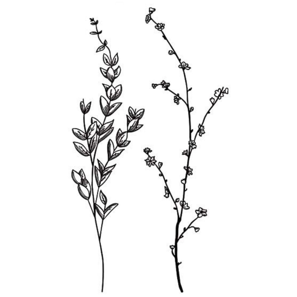Fineline botanical wildflower stems temporary tattoo — leafy sprig and flowering branch in sketch linework on white background.