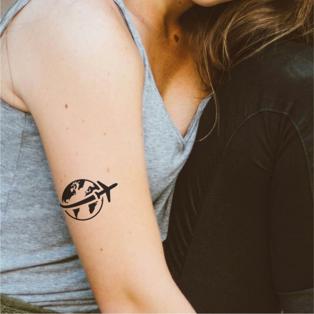 Airplane Over Globe Temporary Tattoo - 1 | Temporalis