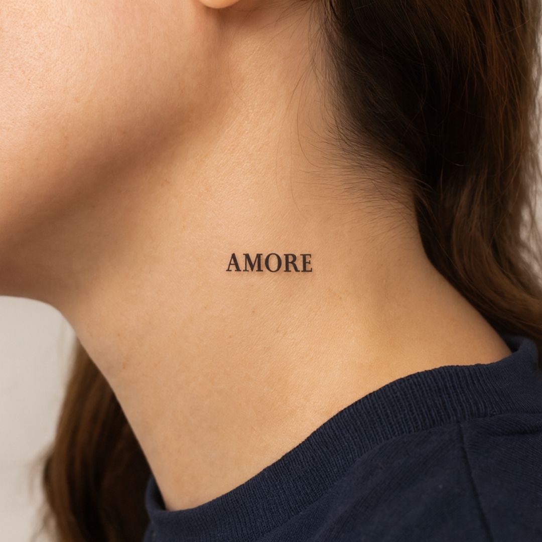 Tatouage éphémère « Amore » en capitales serif, encre jagua