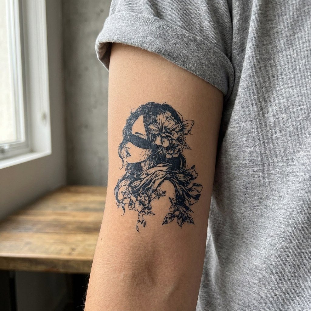 Blindfolded Floral Woman Tattoo - 1 | Temporalis