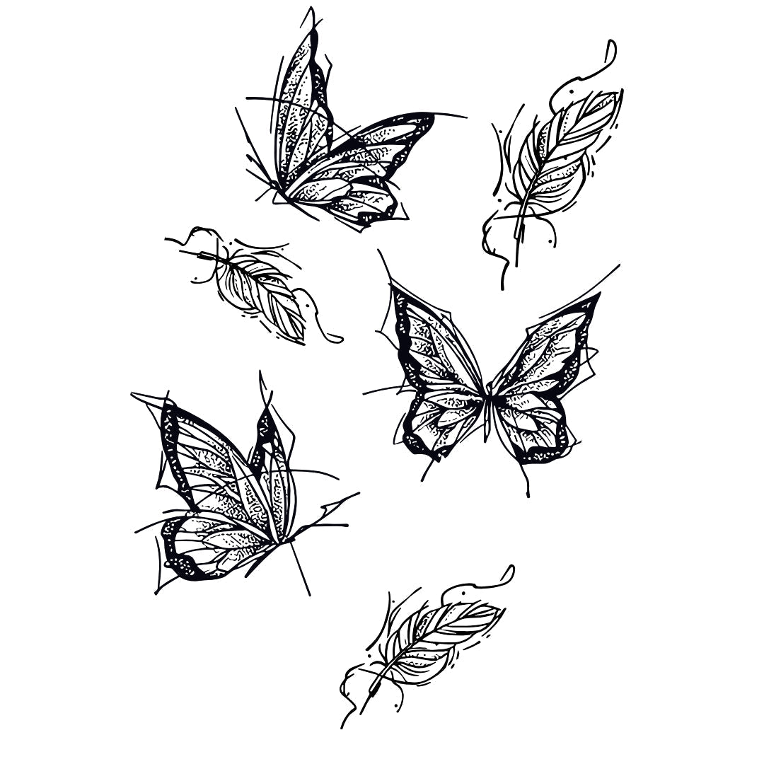 Butterflies & Feathers Temporary Tattoo, Fine Line Dotwork - 2 | Temporalis