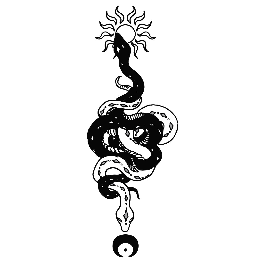 Coiled snake temporary tattoo with sun and yin yang - 2 | Temporalis