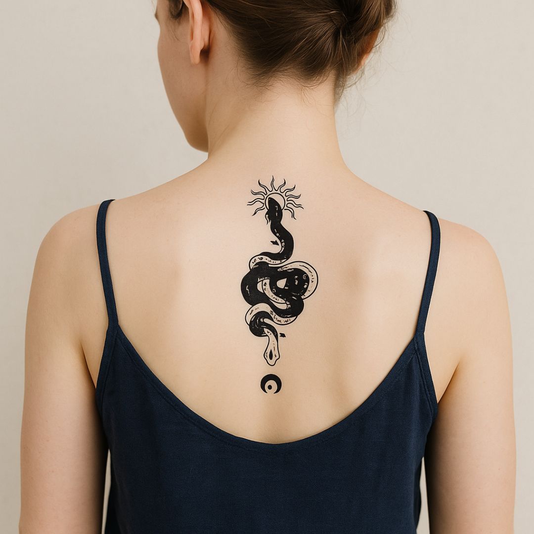 Coiled snake temporary tattoo with sun and yin yang - 1 | Temporalis