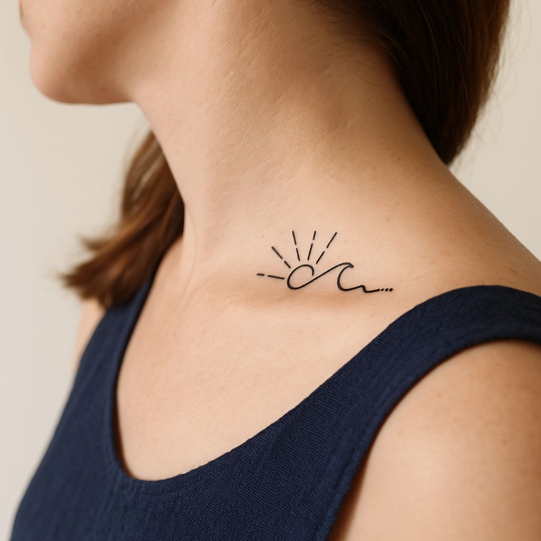 Continuous line wave and sunrise temporary tattoo - 1 | Temporalis