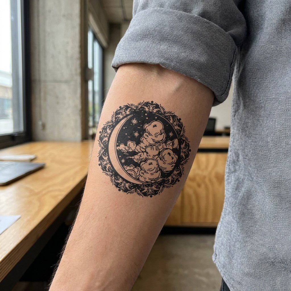 Crescent Moon and Clouds Tattoo - 1 | Temporalis
