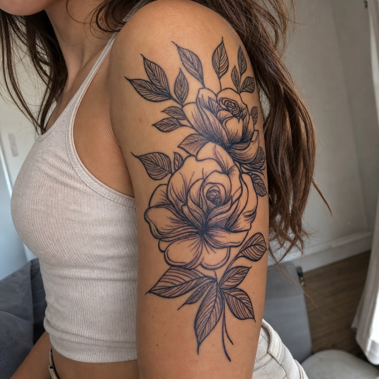 Double rose bouquet in fine linework — delicate stems in blue-black ink