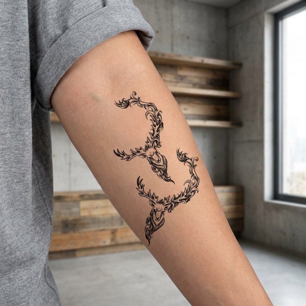 Dual Stag Head Ornamental Tattoo - 1 | Temporalis