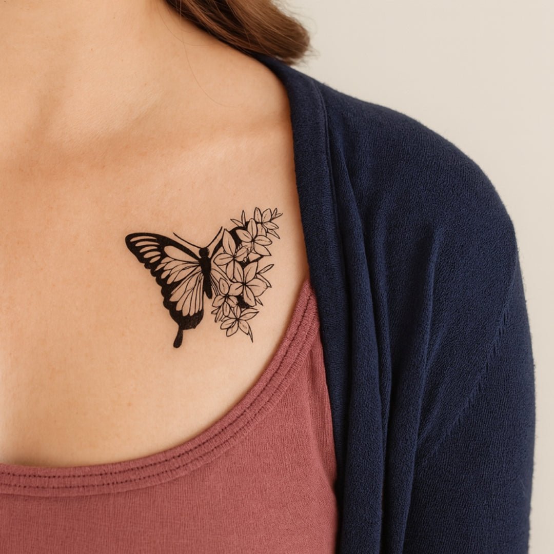 Tatuaggio temporaneo con farfalle e fiori a linea sottile 1 - Temporalis® - Tatuaggio temporaneo
