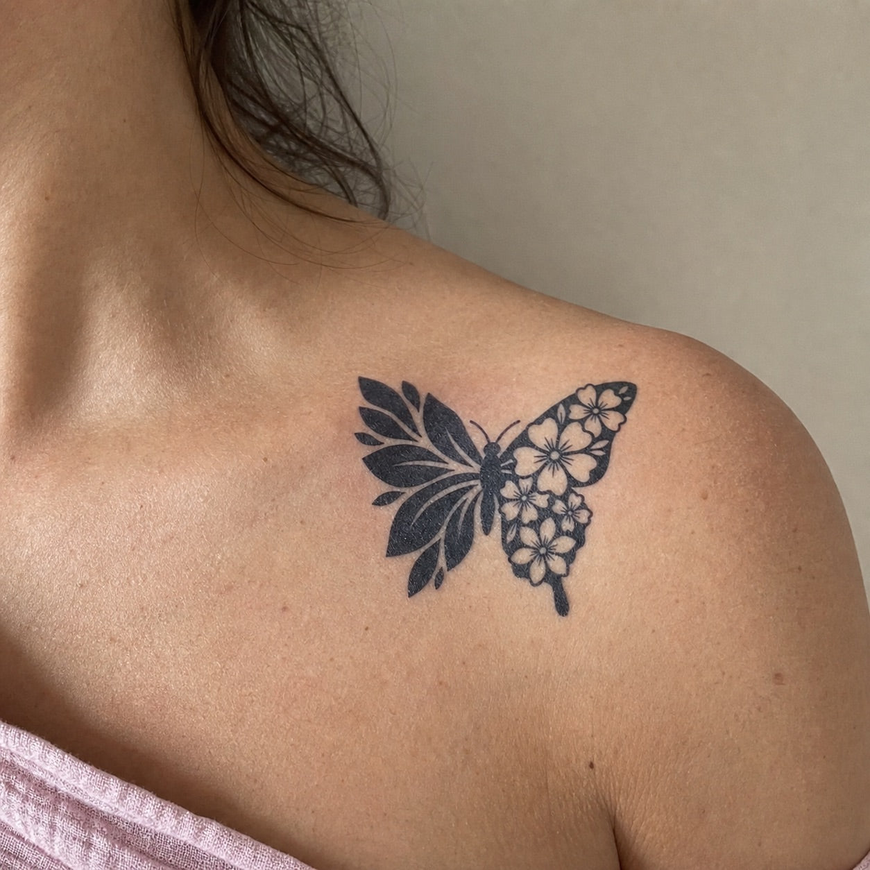 Fine Line Butterfly & Flowers Temporary Tattoo - 1 | Temporalis