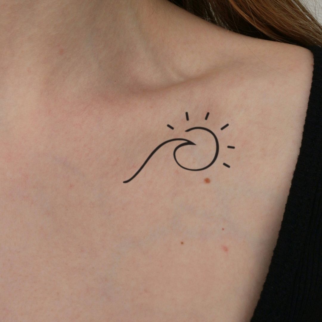 Fine line wave & sun temporary tattoo - 1 | Temporalis